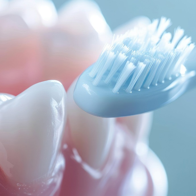 Closeup of a white traditional toothbrush next to a shiny set of dentures